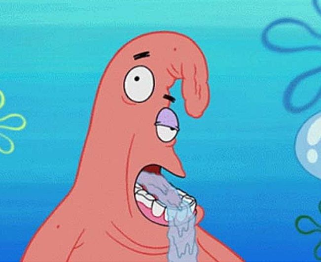 Rough Patrick reaction frame connected to the Geeked Patrick / Happy Patrick meme