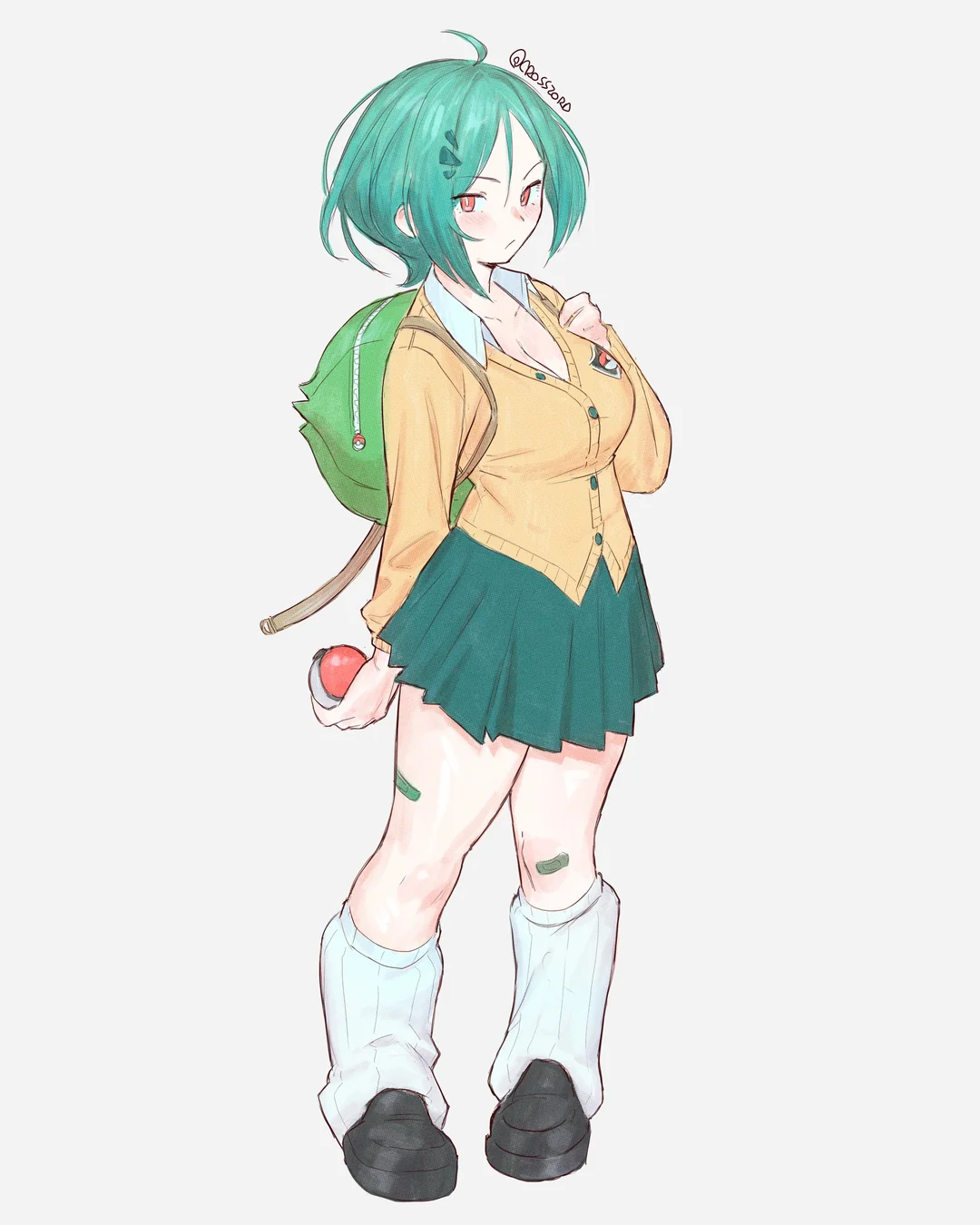 Gyaru Bulbasaur character art in a standing pose holding a Pokeball with loose leg warmers