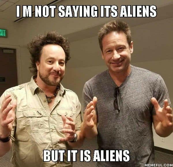 Giorgio Tsoukalos and David Duchovny in an Ancient Aliens meme variation