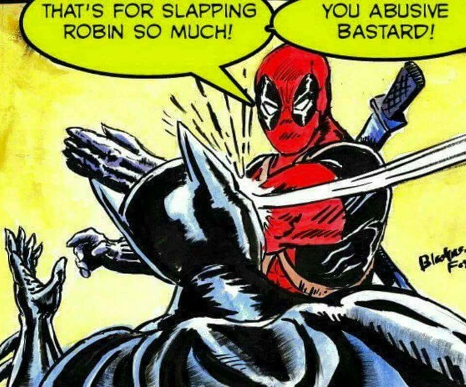 Deadpool slapping Batman in a reversal of the Batman Slapping Robin template