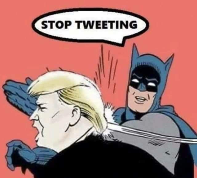Batman slapping a caricature of Donald Trump beneath the words “Stop tweeting”