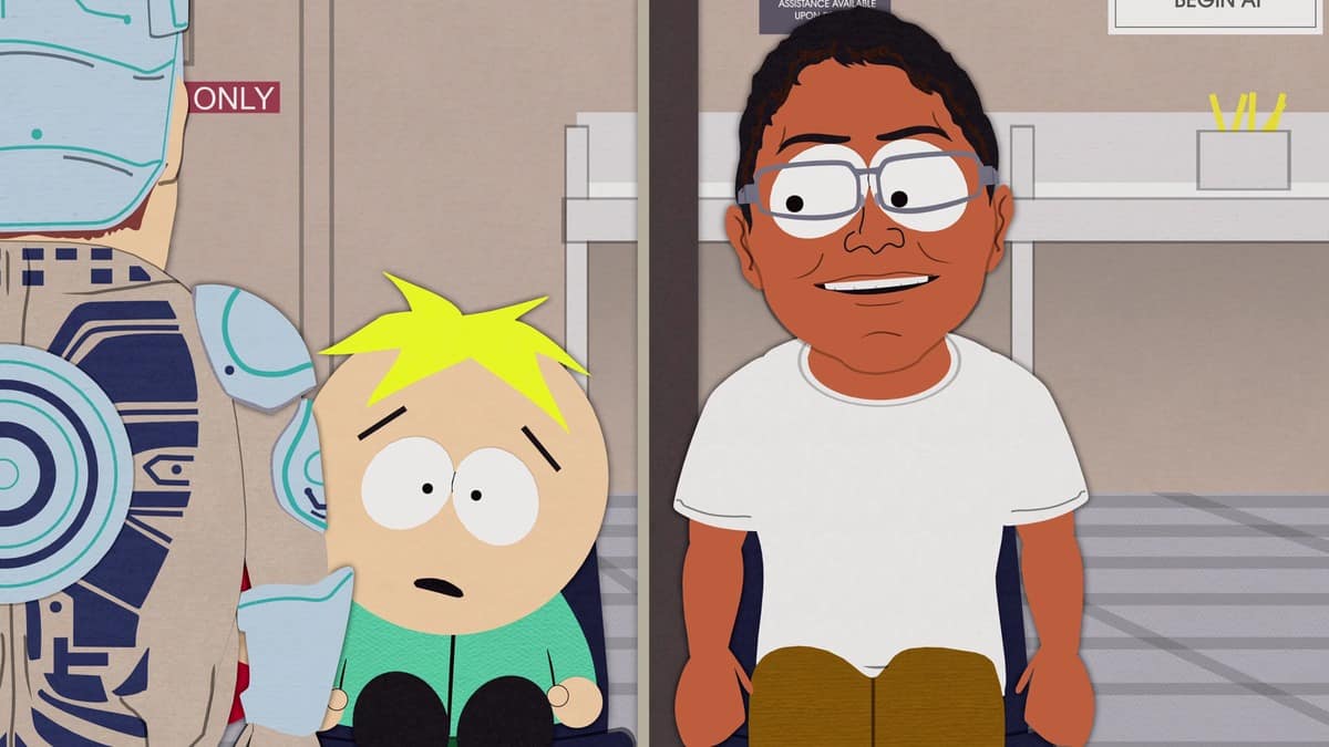 South Park's Chocolate Rain parody character, wearing glasses and a white T-shirt, sits beside a blond child in an office waiting area.