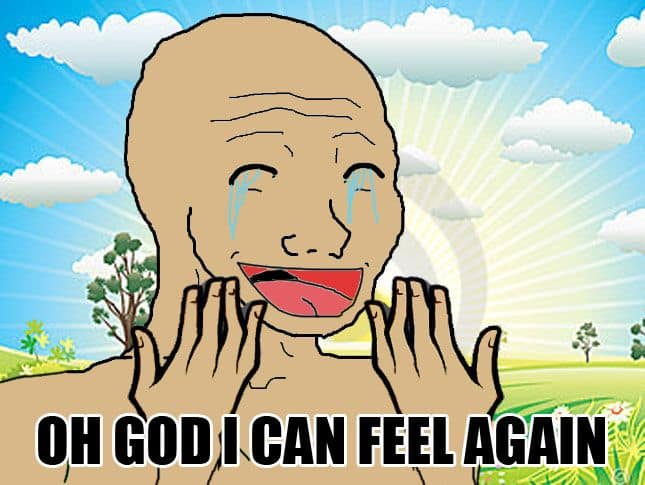 Wojak en larmes avec le texte Oh God I Can Feel Again