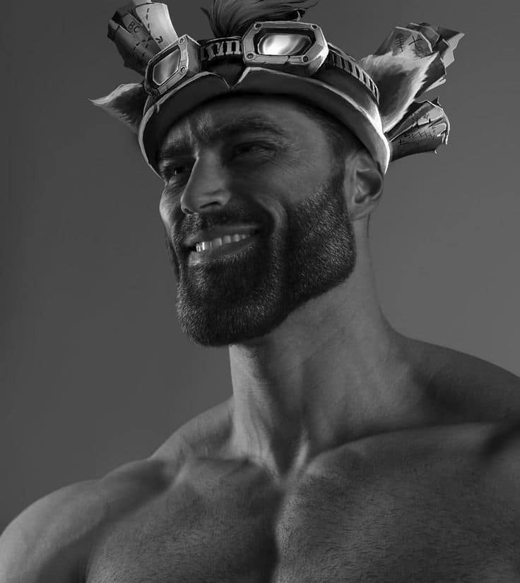 GigaChad portrait edited with a crown