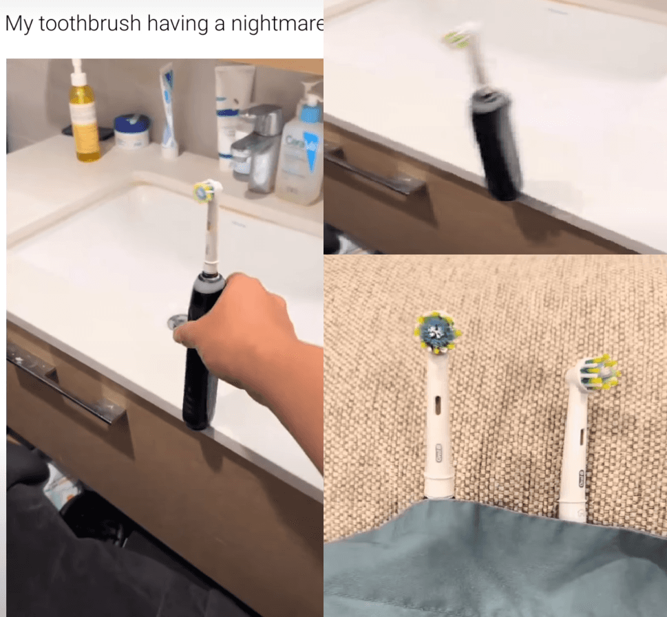 A toothbrush facing a fall before waking safely tucked into bed