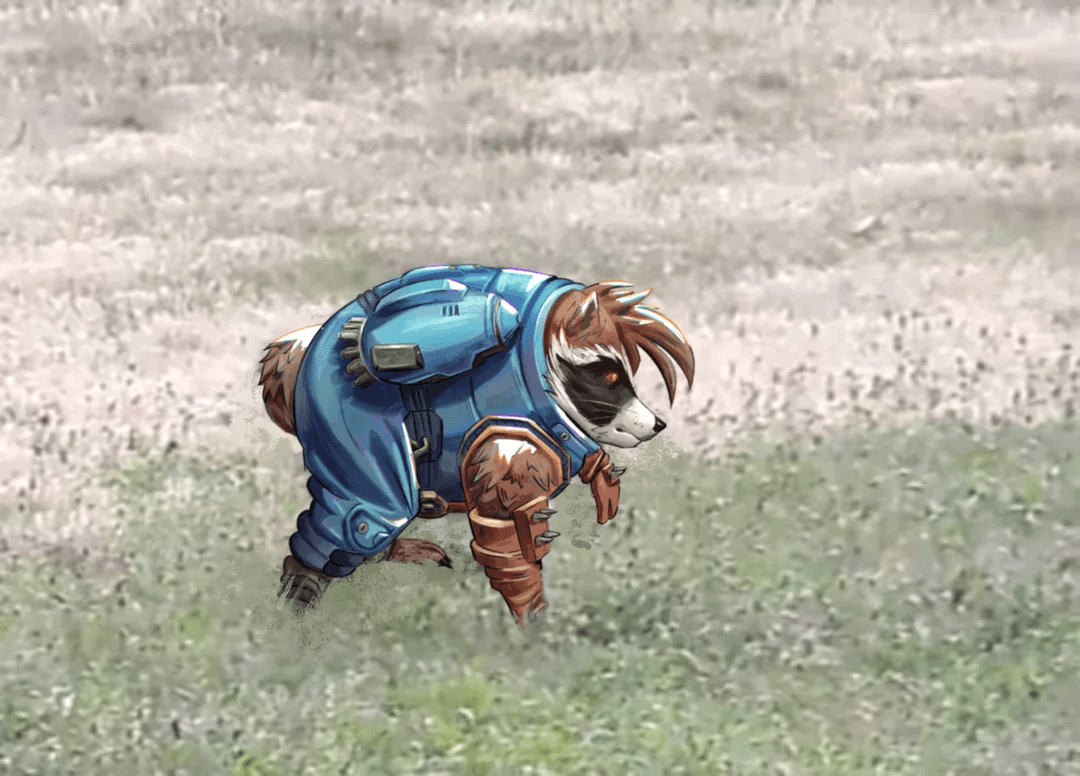 Armored raccoon character composited into a field