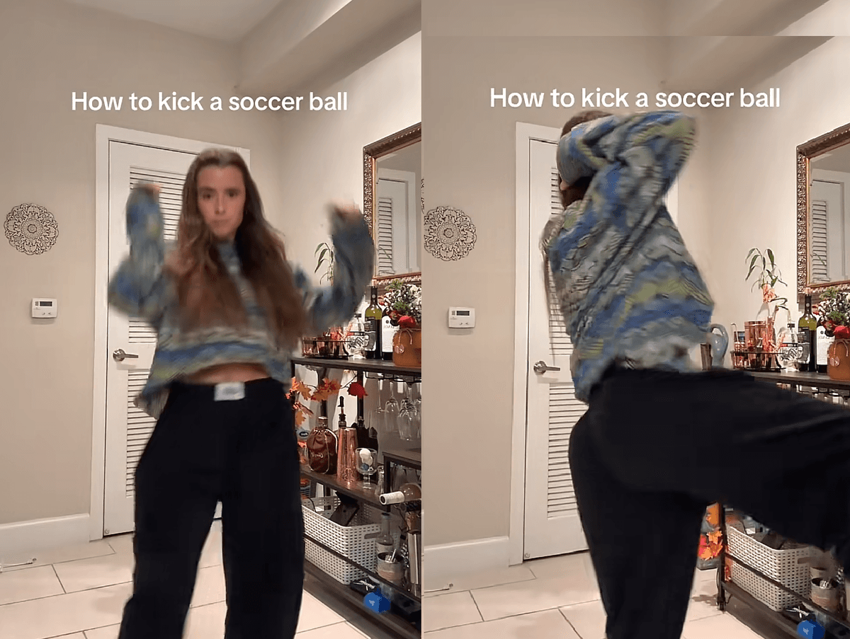 A creator posing beside a soccer ball in a fake tutorial setup before the dance payoff