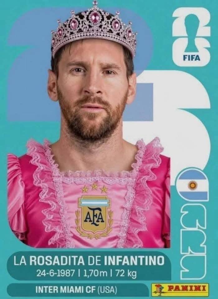 Trading-card-style FIFA Princess meme showing Messi in pink with a crown