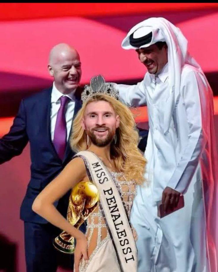 Meme edit presenting Messi as a pageant winner beside FIFA officials