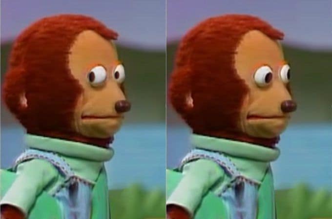 Two still frames of the Monkey Puppet looking away awkwardly