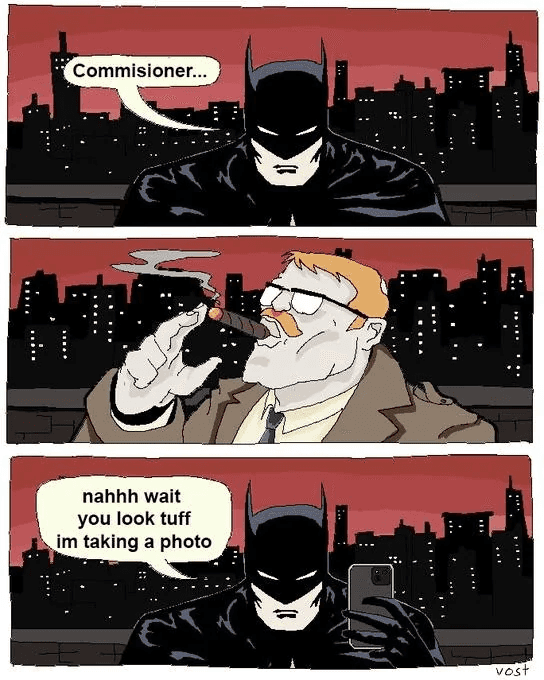 Batman photographs Commissioner Gordon in the three-panel meme comic
