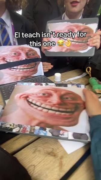 Printed realistic Troll Face images in a classroom prank