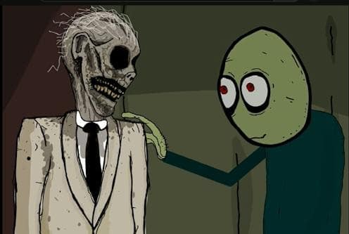 Salad Fingers reaches toward a skeletal figure in a pale suit and black tie in a dim, green-brown room.