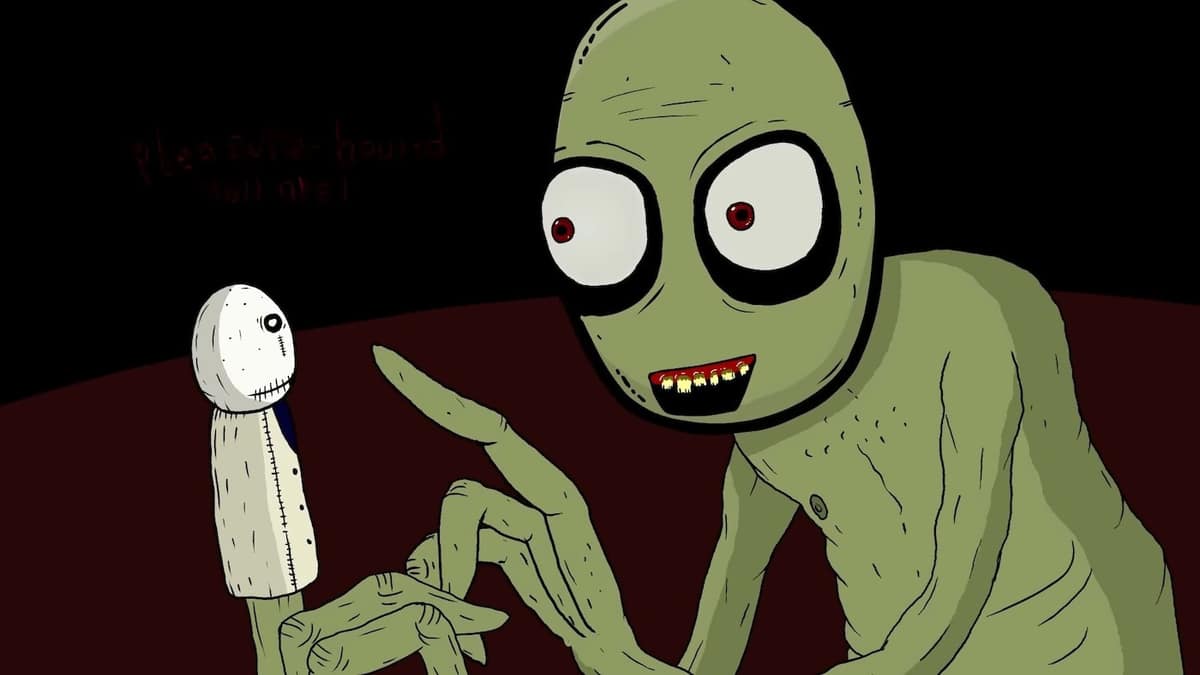 Salad Fingers leans toward a small white stitched puppet on a dark red surface, pointing at it with one long green finger.