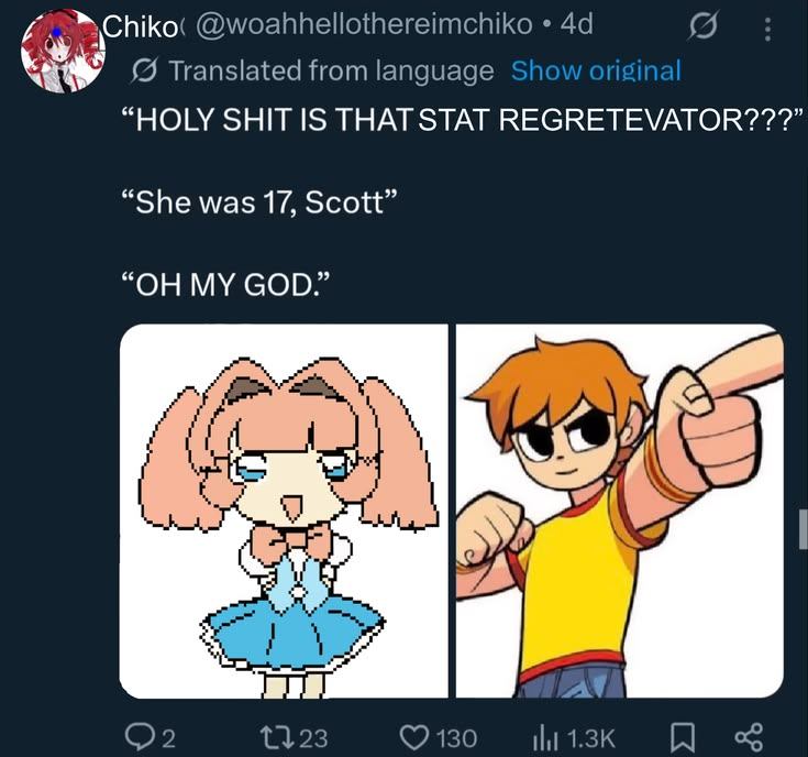 X post using the She's 17 Scott format with the Stat Regretevator character
