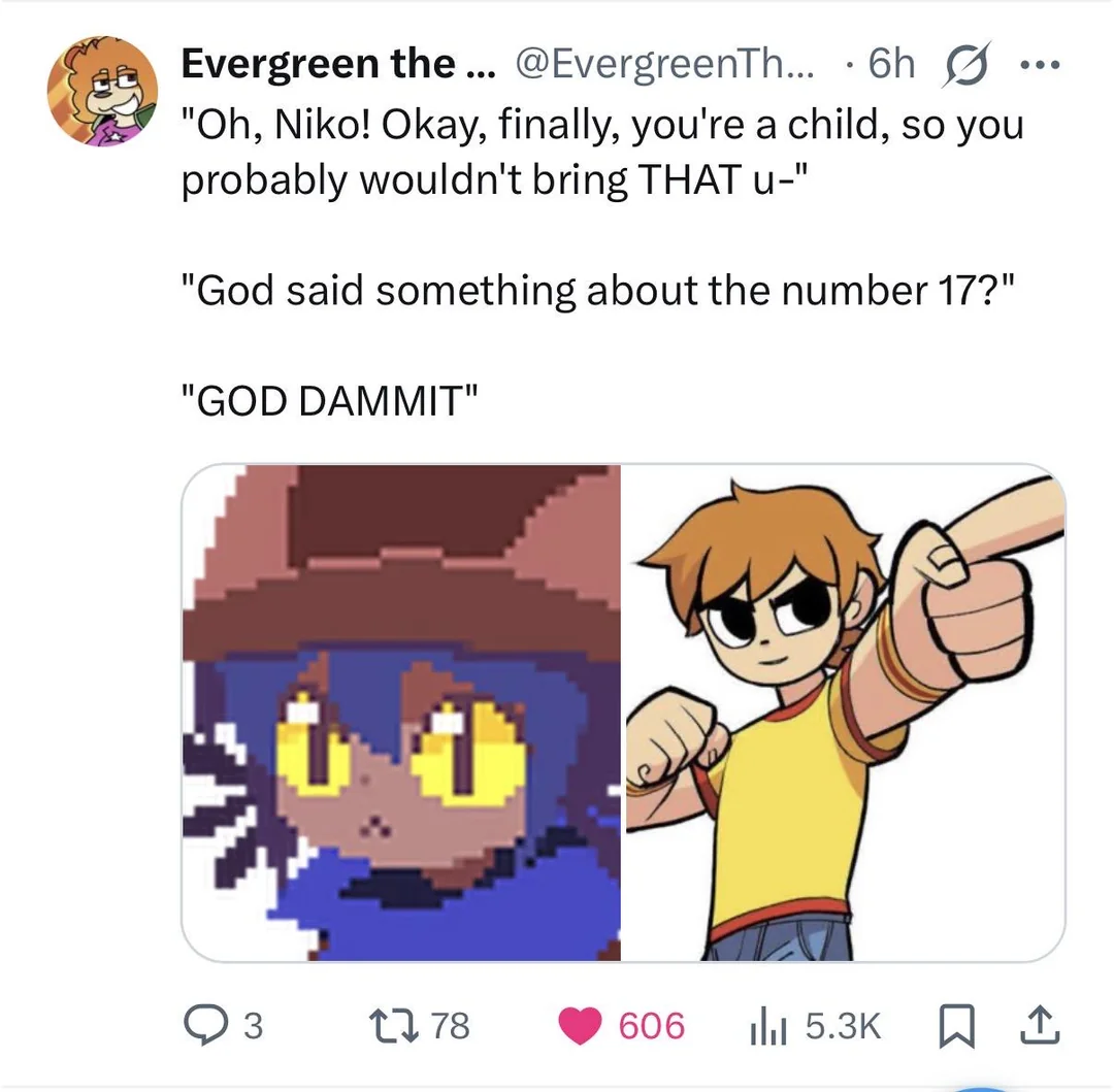 X post using the She's 17 Scott format with Niko from OneShot
