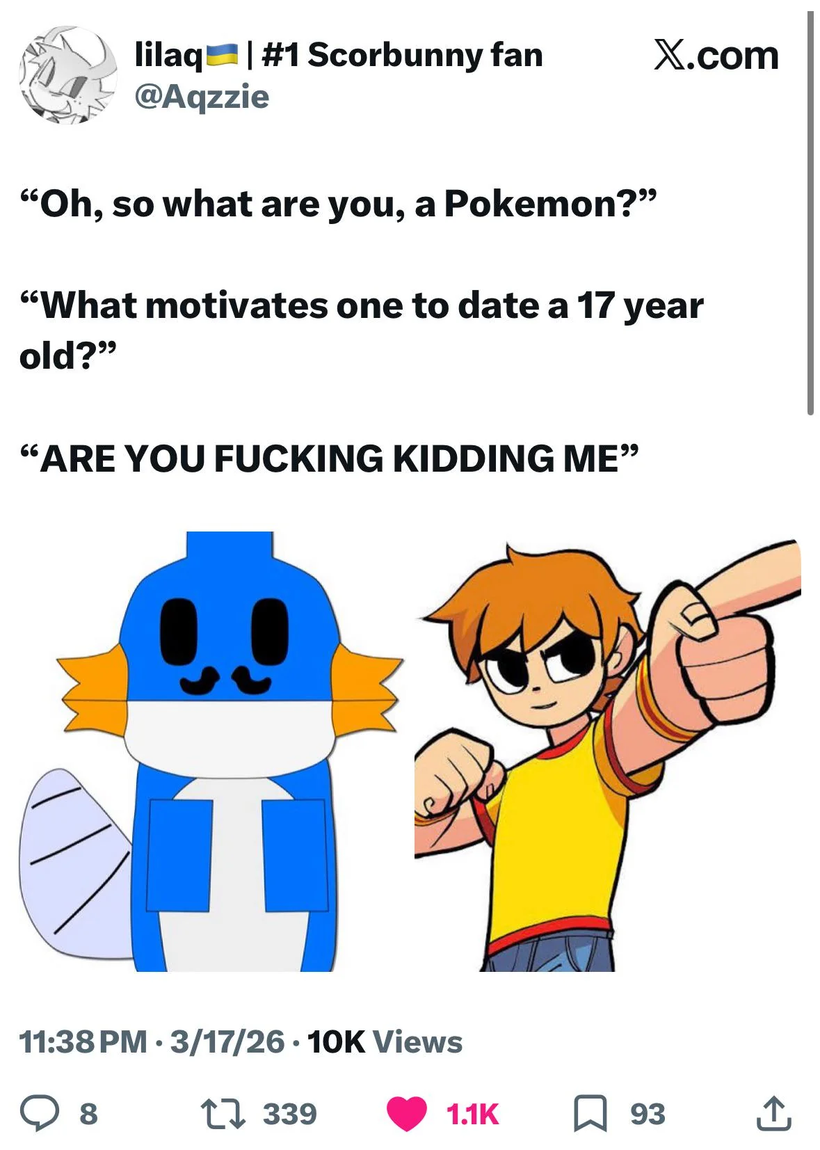 X post using the She's 17 Scott format with the Pokemon character Mudkip