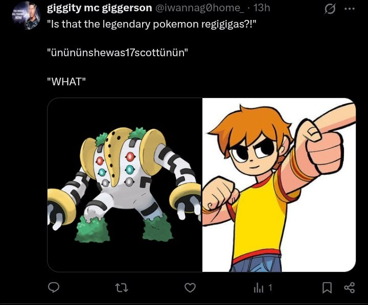 X post using the She's 17 Scott format with the legendary Pokemon Regigigas