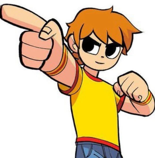 Scott Pilgrim pointing in a yellow shirt in the image most often reused for the She's 17 Scott meme