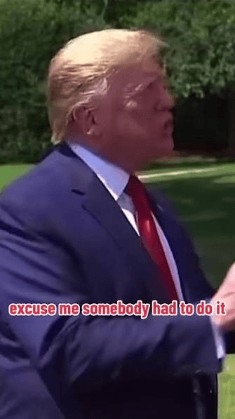 Donald Trump in a vertical reaction-video frame with overlaid caption text