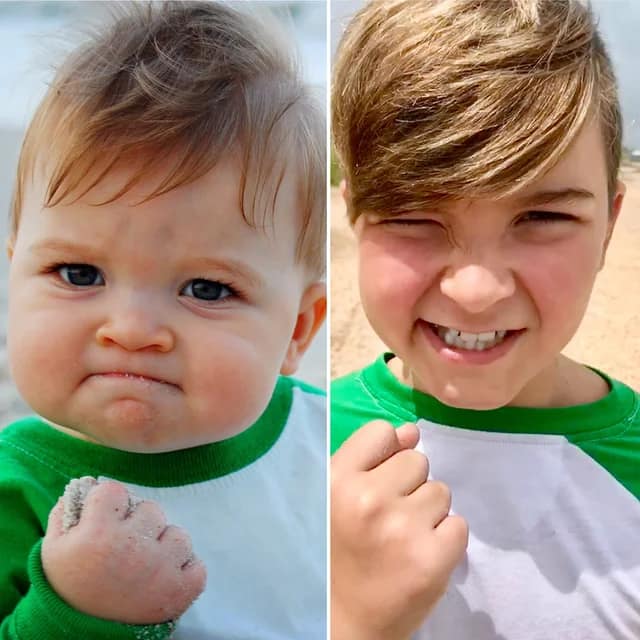 Success Kid as a baby and ten years later