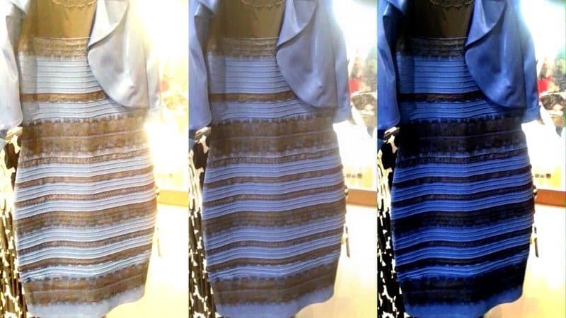 Three color-treated versions of the viral dress photograph, ranging from pale cream and tan to deep blue and black.