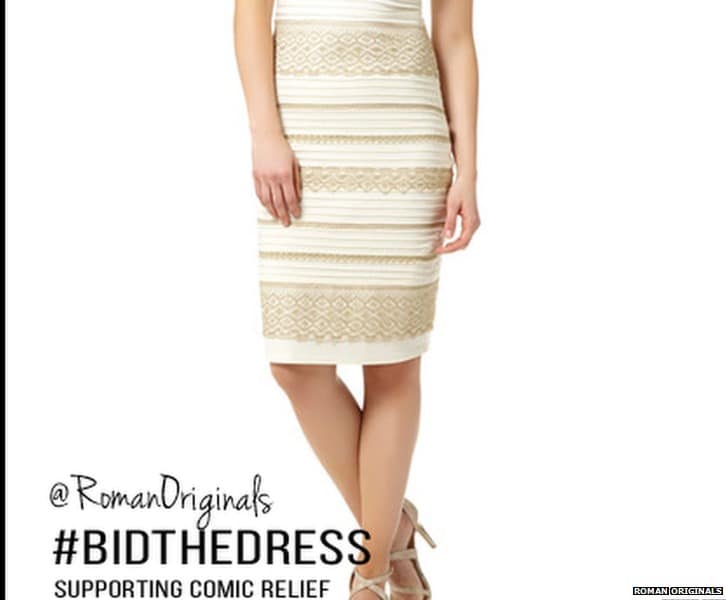 A model wears a white-and-gold banded dress above text promoting #BIDTHEDRESS in support of Comic Relief.