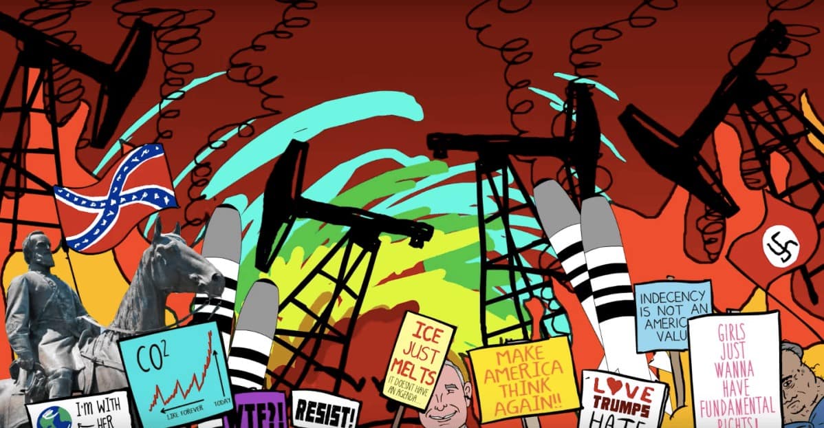 A sequel frame layers oil pumpjacks and missiles over a bright sky, above protest signs including “RESIST” and “MAKE AMERICA THINK AGAIN!!!.”