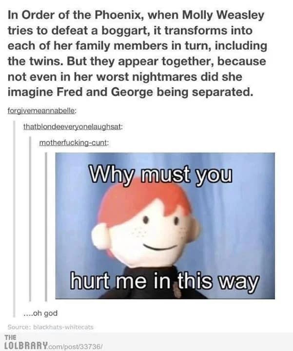 A captioned reaction meme shows a smiling red-haired Potter Puppet Pals felt puppet with the words "Why must you hurt me in this way" over the image and a longer caption above it.