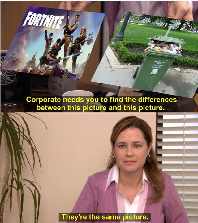 They're the Same Picture example 2: Pam Beesly holding two identical photos above the line They're the same picture