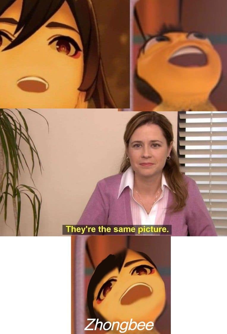 They're the Same Picture example 3: Pam Beesly holding two identical photos above the line They're the same picture
