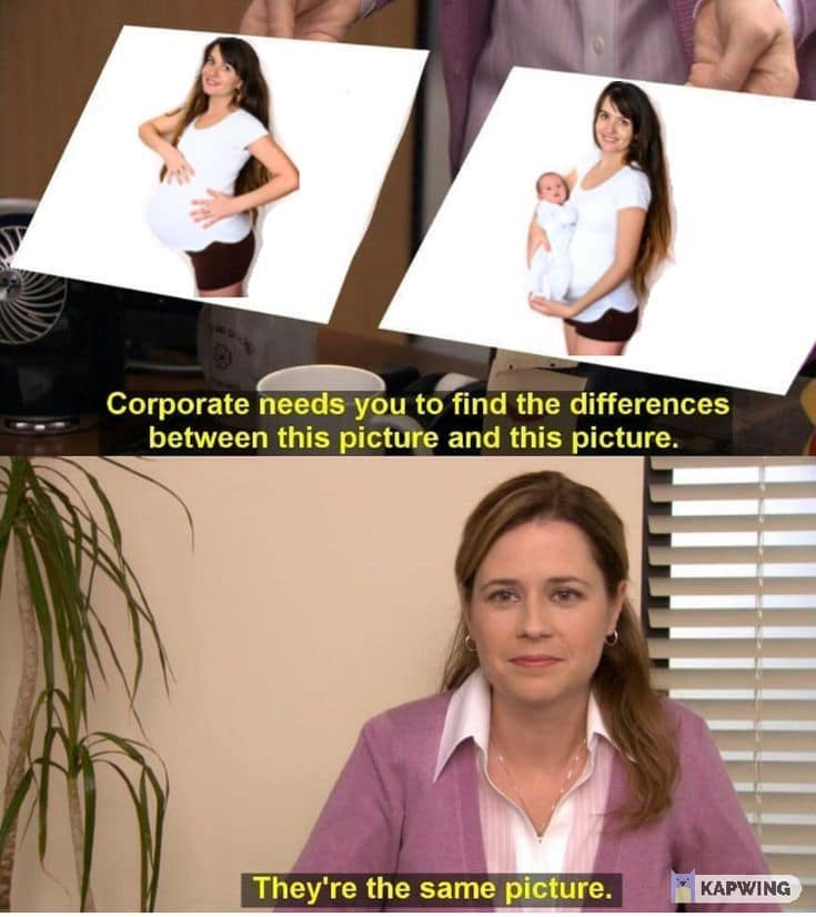 They're the Same Picture example 5: Pam Beesly holding two identical photos above the line They're the same picture