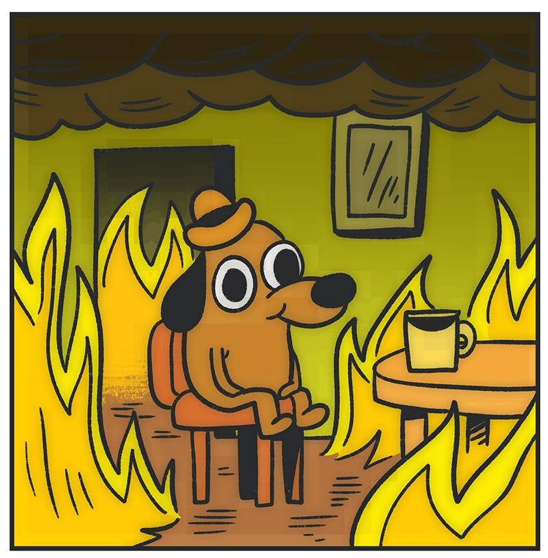 The This Is Fine dog sitting in a burning room — example 5