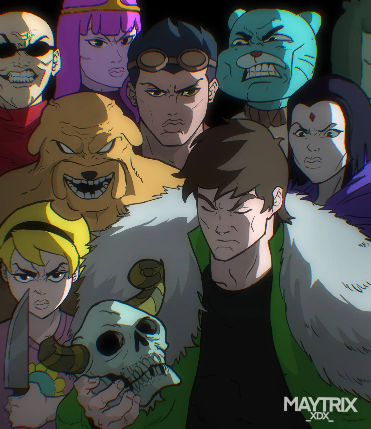 Mixed Cartoon Network characters arranged in the Viltrumite formation