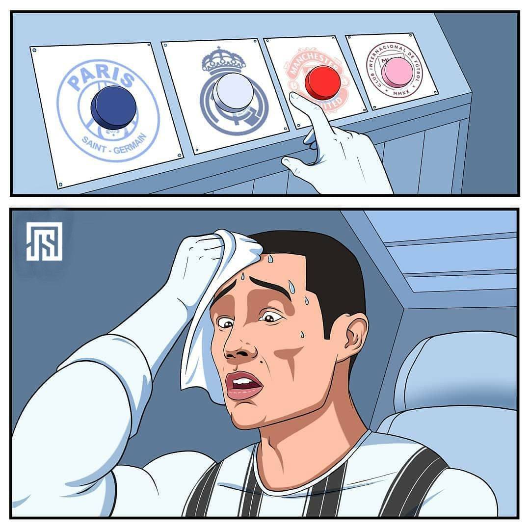A sweating man hesitates between two red buttons — example 2