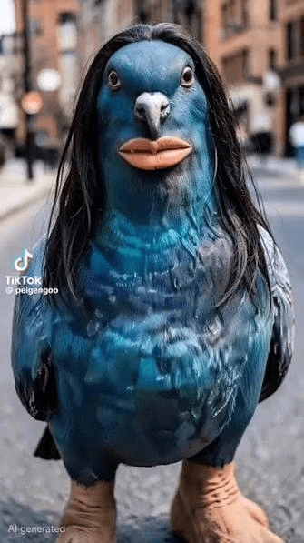 Blue human-lipped pigeon with long hair on a city street