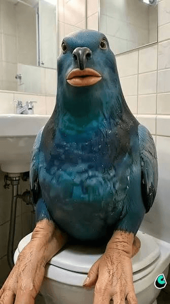 Blue human-lipped pigeon sitting in a bathroom