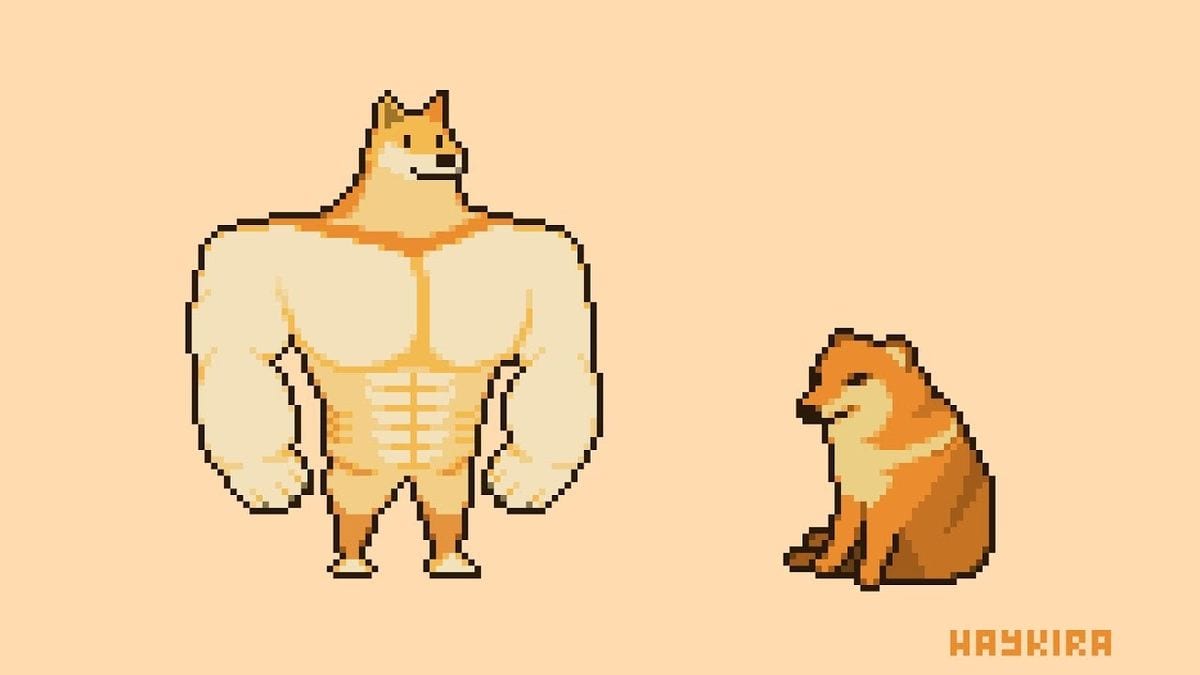 Pixel-art Buff Doge standing beside the smaller seated Cheems
