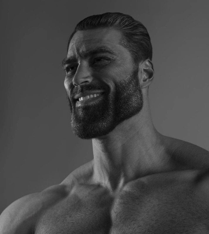 Black-and-white GigaChad portrait of Ernest Khalimov smiling
