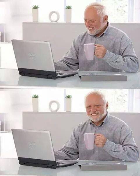 Hide the Pain Harold smiling stock photo meme