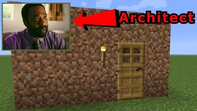 Clark beside a basic dirt Minecraft house labeled Architect.
