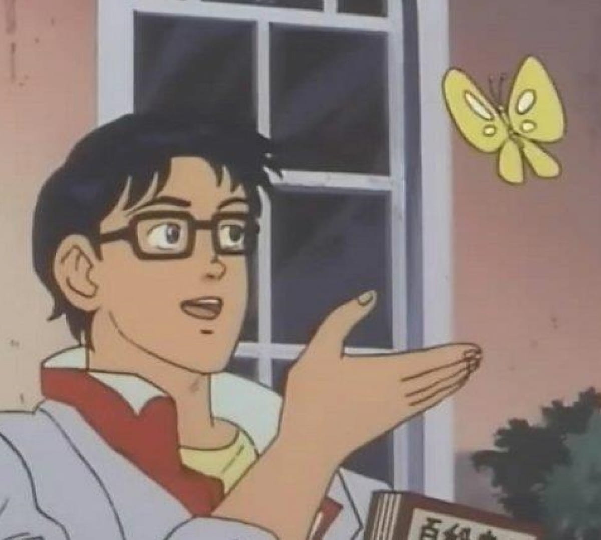 Anime character pointing at a butterfly while asking Is This a Pigeon