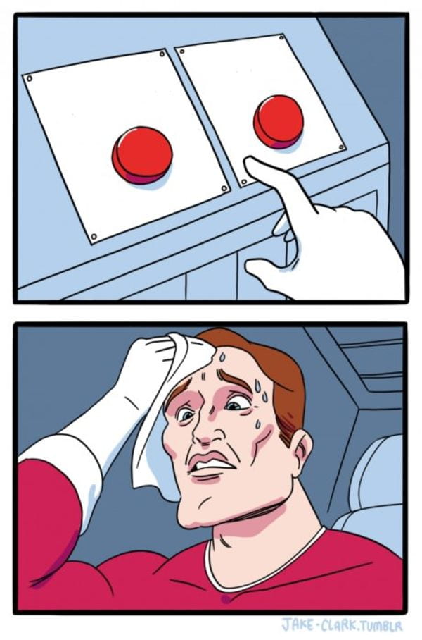 Sweating man reaching between two red buttons in the Two Buttons template
