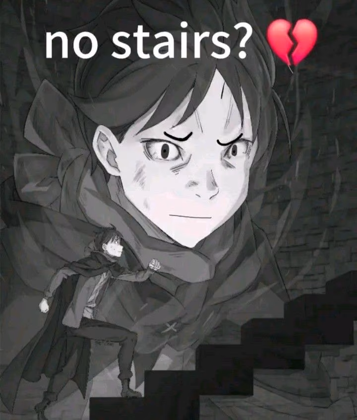 Meme de Subaru en la escalera con el texto ‘no stairs?’