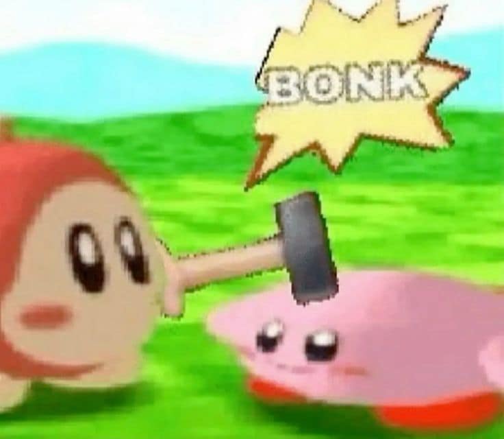Waddle Dee golpea a Kirby con un martillo junto a un rótulo BONK