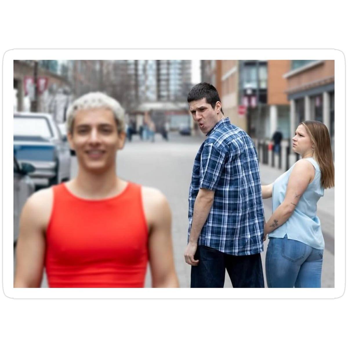 Gender-swapped recreation of the Distracted Boyfriend pose