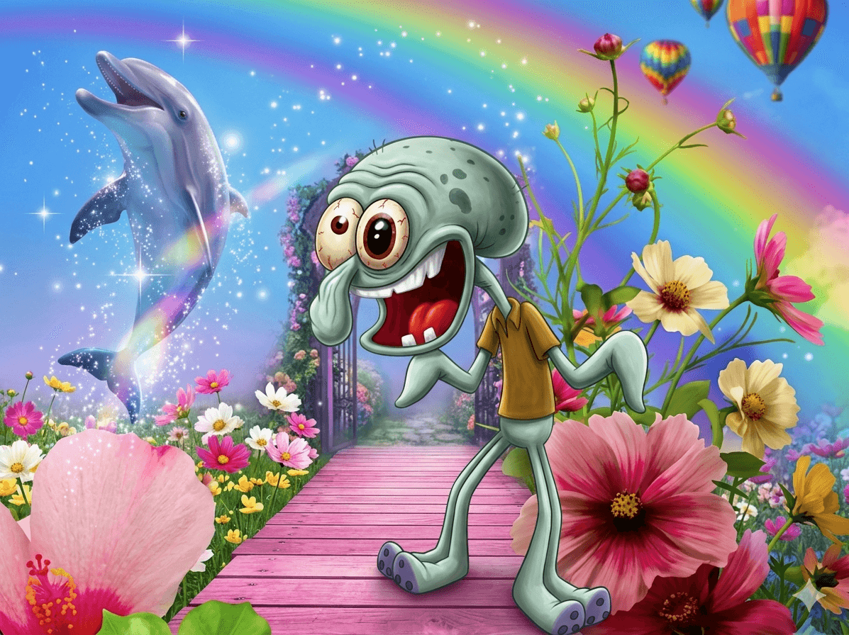 Geeked Patrick reaction image in a rainbow fantasy setting — example 3