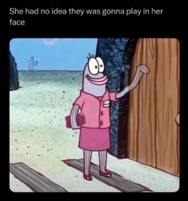 Incidental 49A realtor stands at a wooden door beneath the caption about being played in her face