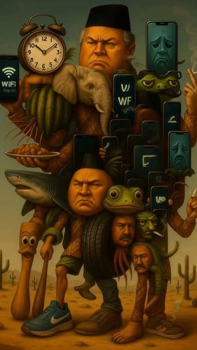 Elenco lotado gerado por IA ilustrando a expansão do brainrot