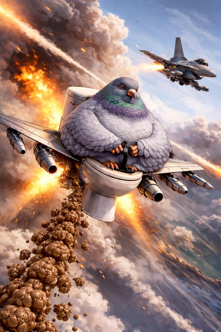 Pombo absurdo gerado por IA montado em um avião-vaso armado